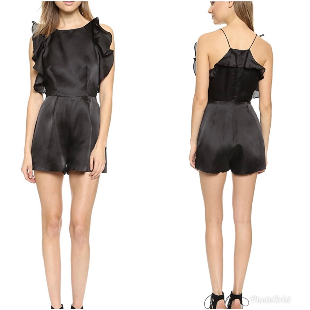 Keepsake Falling For You Silk Ruffle Trim Sides Pleated Short Romper Black Small